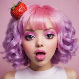 Create the cutest strawberry character with large, sparkling pink eyes, pink plump lips, a pink tongue sticking out in a playful manner, and playful purple hair.