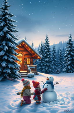 A serene and picturesque winter scene, featuring a charming wooden cabin adorned with vibrant holiday decorations nestled amidst snow-covered evergreen trees