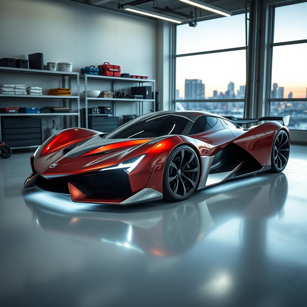 A sleek, futuristic supercar with a unique, aerodynamic design, parked elegantly in a spacious, modern garage