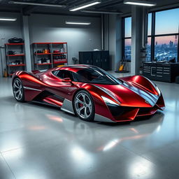 A sleek, futuristic supercar with a unique, aerodynamic design, parked elegantly in a spacious, modern garage