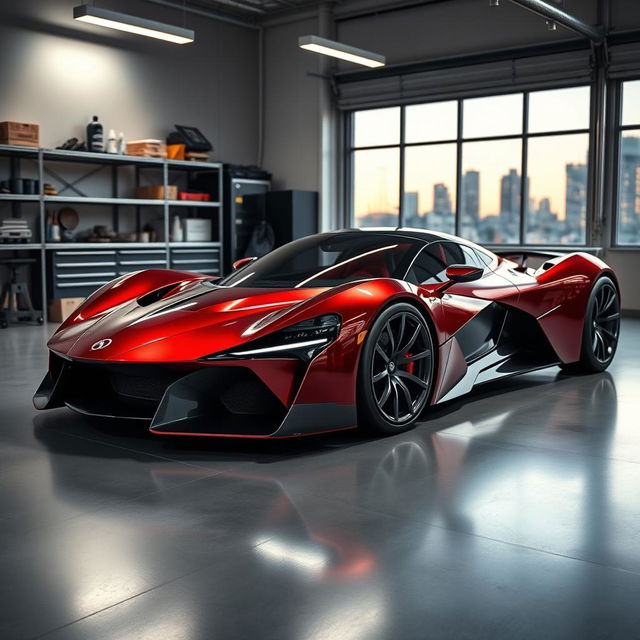 A sleek, futuristic supercar with a unique, aerodynamic design, parked elegantly in a spacious, modern garage