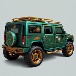 A unique luxury Hummer vehicle with an antique design, featuring intricate patterns and eye-catching graphics