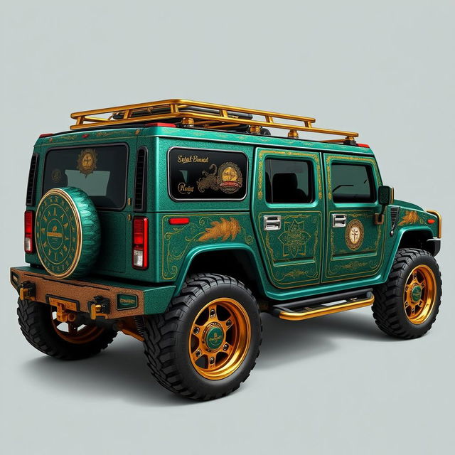 A unique luxury Hummer vehicle with an antique design, featuring intricate patterns and eye-catching graphics