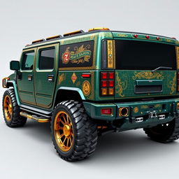 A unique luxury Hummer vehicle with an antique design, featuring intricate patterns and eye-catching graphics