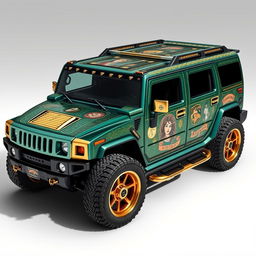 A unique luxury Hummer vehicle with an antique design, featuring intricate patterns and eye-catching graphics