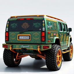 A unique luxury Hummer vehicle with an antique design, featuring intricate patterns and eye-catching graphics