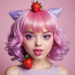 Create the cutest strawberry character with large, sparkling pink eyes, pink plump lips, a pink tongue sticking out in a playful manner, and playful purple hair.