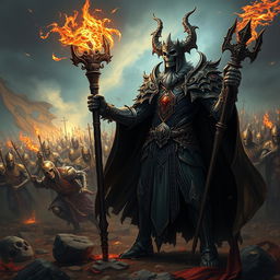 A powerful necromancer clad in intricate, dark armor, standing defiantly on a battlefield