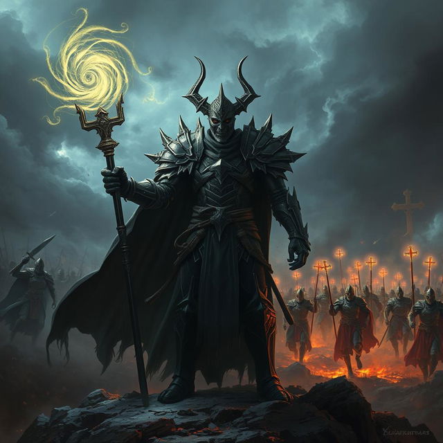 A powerful necromancer clad in intricate, dark armor, standing defiantly on a battlefield