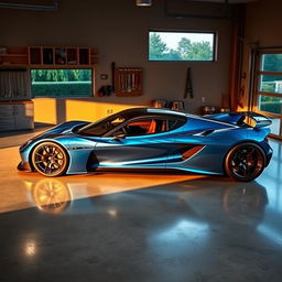 A stunning supercar with a unique, avant-garde design, parked in a contemporary garage