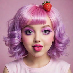 Create the cutest strawberry character with large, sparkling pink eyes, pink plump lips, a pink tongue sticking out in a playful manner, and playful purple hair.