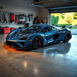 A stunning supercar with a unique, avant-garde design, parked in a contemporary garage