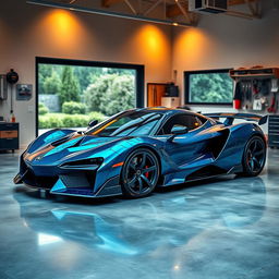 A stunning supercar with a unique, avant-garde design, parked in a contemporary garage