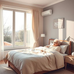 An inviting bedroom designed for an elderly individual, showcasing a well-ventilated and comfortable environment