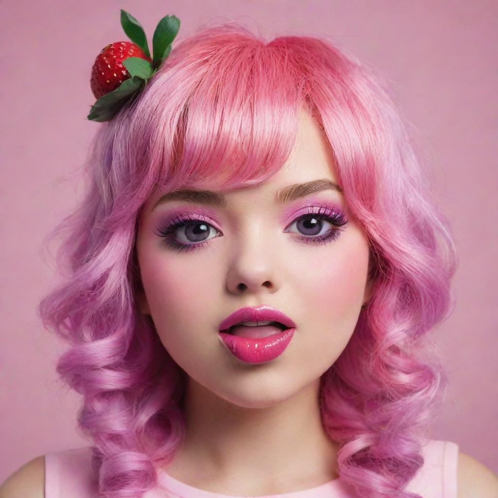 Create the cutest strawberry character with large, sparkling pink eyes, pink plump lips, a pink tongue sticking out in a playful manner, and playful purple hair.