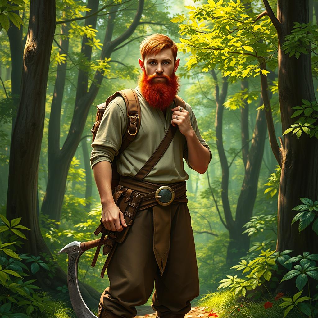 A full-length artistic depiction of a male half-elf druid standing proudly in a vibrant forest