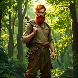 A full-length artistic depiction of a male half-elf druid standing proudly in a vibrant forest