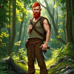 A full-length artistic depiction of a male half-elf druid standing proudly in a vibrant forest