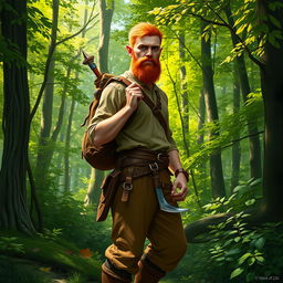 A full-length artistic depiction of a male half-elf druid standing proudly in a vibrant forest