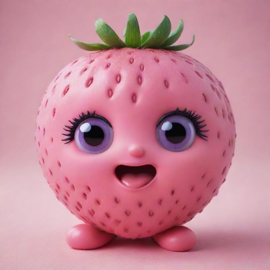 Design an irresistibly cute strawberry fruit character, featuring big pink eyes, plump pink lips, a playful pink tongue, and a lively tuft of purple hair.