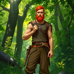 A full-length artistic depiction of a male half-elf druid standing confidently in a lush forest