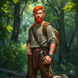 A full-length artistic depiction of a male half-elf druid standing confidently in a lush forest