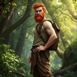 A full-length artistic depiction of a male half-elf druid standing confidently in a lush forest