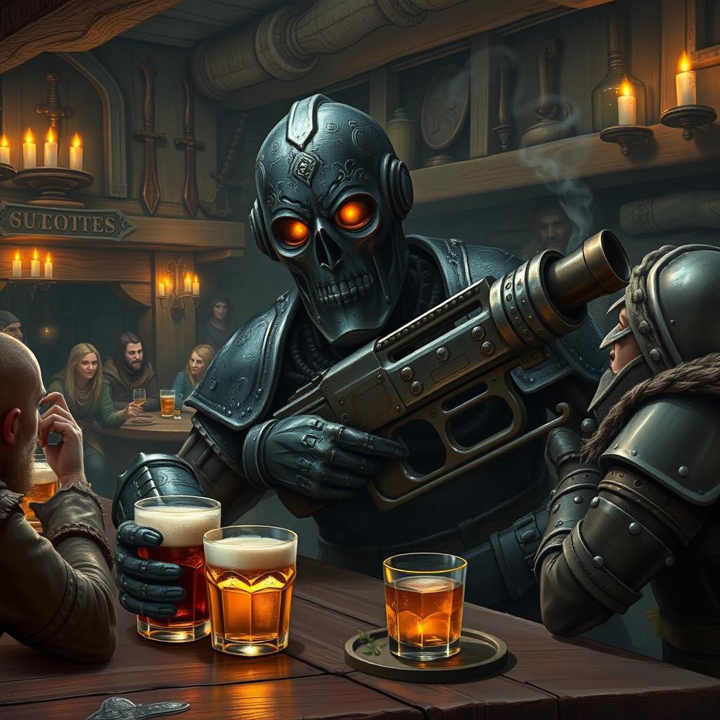 A dark-colored Warforged artificer, designed in an old-fashioned style reminiscent of classic fantasy constructs, is lounging at a rustic wooden bar bustling with a mixture of adventurers including elves, dwarves, and humans