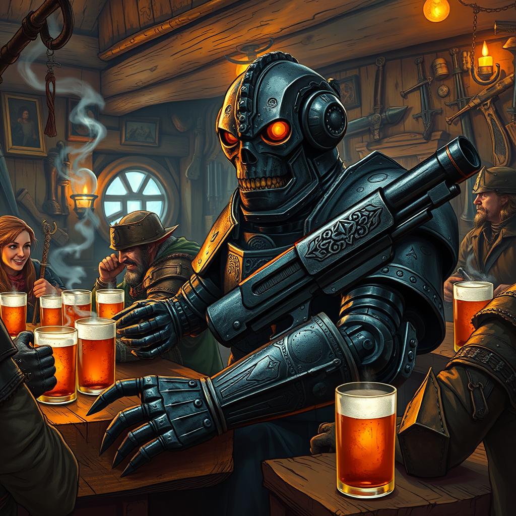 A dark-colored Warforged artificer, designed in an old-fashioned style reminiscent of classic fantasy constructs, is lounging at a rustic wooden bar bustling with a mixture of adventurers including elves, dwarves, and humans