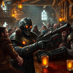 A dark-colored Warforged artificer, designed in an old-fashioned style reminiscent of classic fantasy constructs, is lounging at a rustic wooden bar bustling with a mixture of adventurers including elves, dwarves, and humans