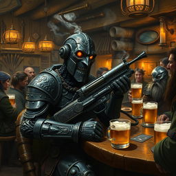 A dark-colored Warforged artificer, designed in an old-fashioned style reminiscent of classic fantasy constructs, is lounging at a rustic wooden bar bustling with a mixture of adventurers including elves, dwarves, and humans