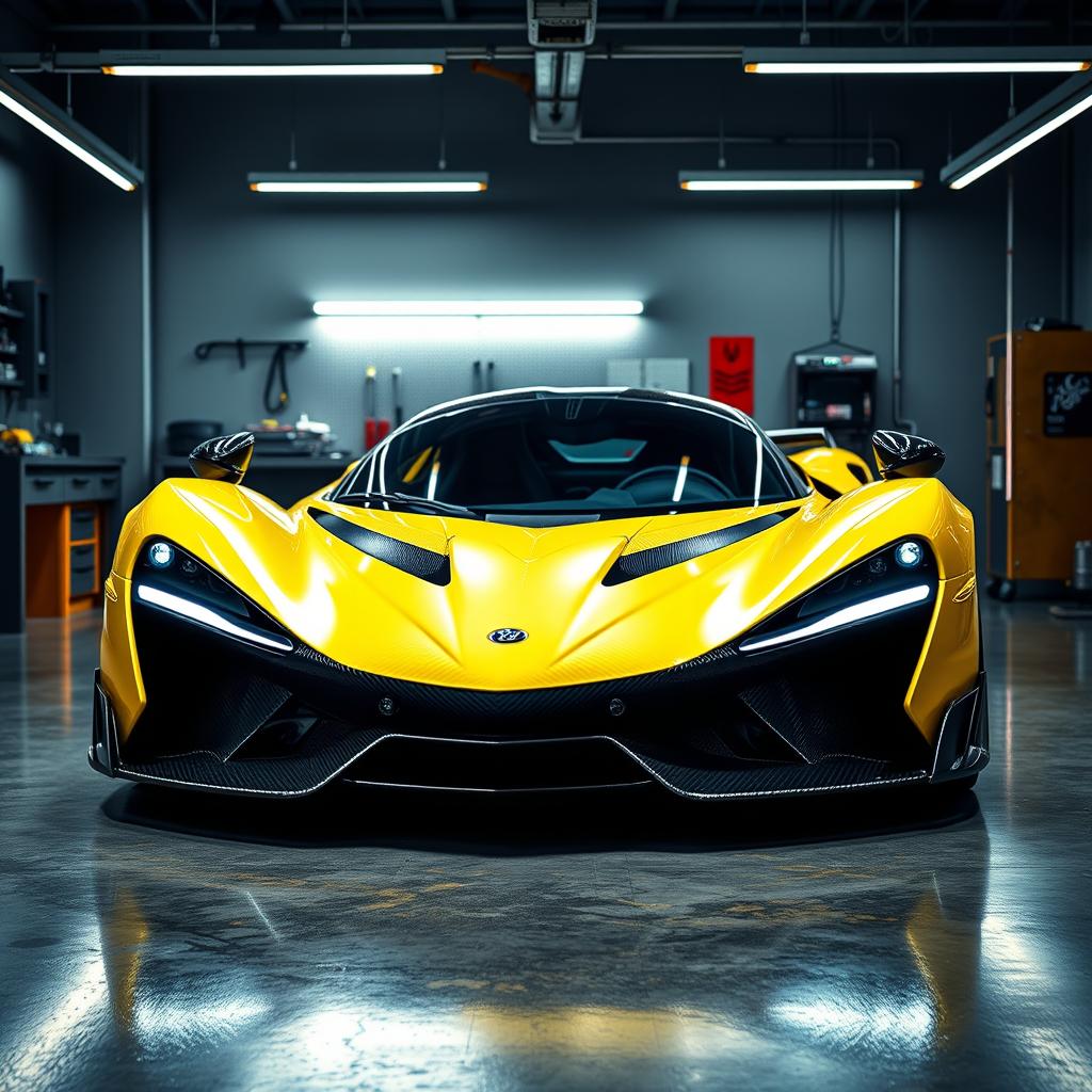 An extraordinary supercar with an eye-catching design, parked in a stylish, well-lit garage