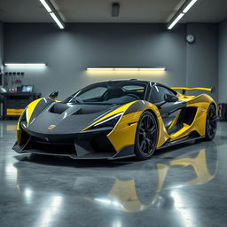 An extraordinary supercar with an eye-catching design, parked in a stylish, well-lit garage