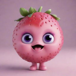 Design an irresistibly cute strawberry fruit character, featuring big pink eyes, plump pink lips, a playful pink tongue, and a lively tuft of purple hair.