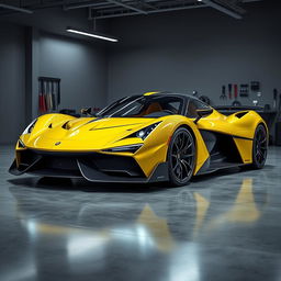 An extraordinary supercar with an eye-catching design, parked in a stylish, well-lit garage