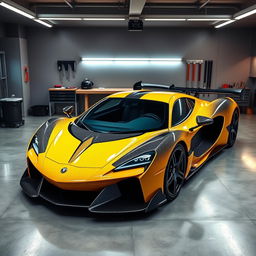 An extraordinary supercar with an eye-catching design, parked in a stylish, well-lit garage