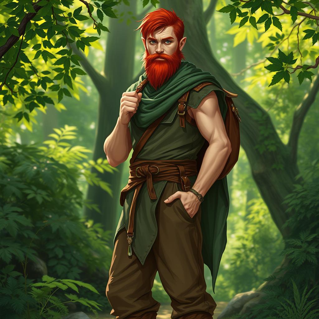 A full-length artistic depiction of a male half-elf druid standing confidently in a lush forest setting