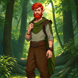 A full-length artistic depiction of a male half-elf druid standing confidently in a lush forest setting