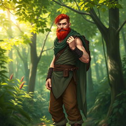 A full-length artistic depiction of a male half-elf druid standing confidently in a lush forest setting