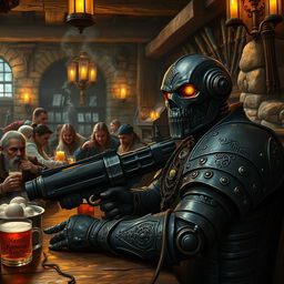 A dark-colored Warforged artificer, crafted in an old-fashioned style reminiscent of medieval constructs, is relaxing at a rustic bar filled with a variety of adventurers including elves, dwarves, and humans