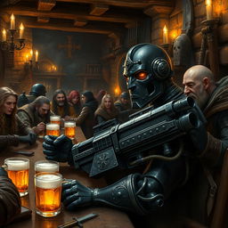 A dark-colored Warforged artificer, crafted in an old-fashioned style reminiscent of medieval constructs, is relaxing at a rustic bar filled with a variety of adventurers including elves, dwarves, and humans