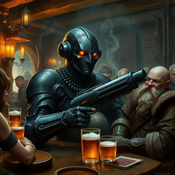 A dark-colored Warforged artificer, crafted in an old-fashioned style reminiscent of medieval constructs, is relaxing at a rustic bar filled with a variety of adventurers including elves, dwarves, and humans