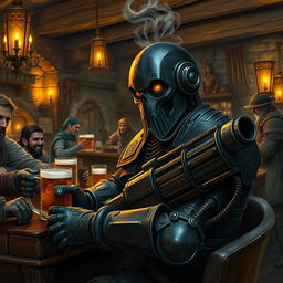 A dark-colored Warforged artificer, crafted in an old-fashioned style reminiscent of medieval constructs, is relaxing at a rustic bar filled with a variety of adventurers including elves, dwarves, and humans