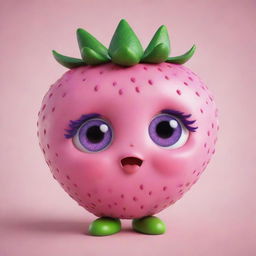 Design an irresistibly cute strawberry fruit character, featuring big pink eyes, plump pink lips, a playful pink tongue, and a lively tuft of purple hair.