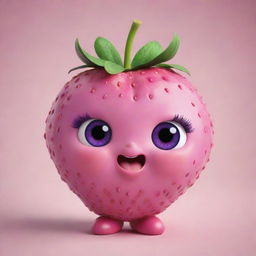 Design an irresistibly cute strawberry fruit character, featuring big pink eyes, plump pink lips, a playful pink tongue, and a lively tuft of purple hair.