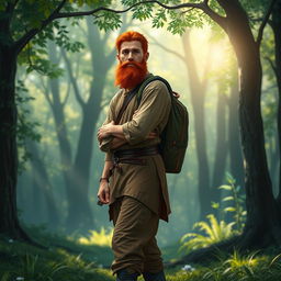 A full-length artistic depiction of a male half-elf druid standing in a serene forest