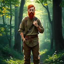 A full-length artistic depiction of a male half-elf druid standing in a serene forest