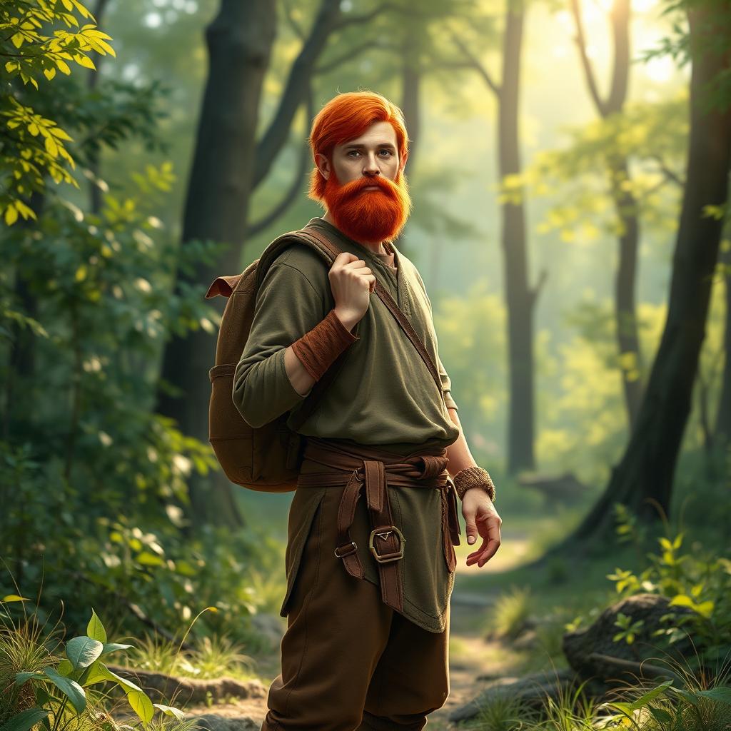 A full-length artistic depiction of a male half-elf druid standing in a serene forest