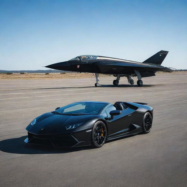 A polished, jet black Lamborghini and a stealthy black fighter jet, poised on a vast runway under a clear blue sky.