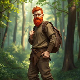 A full-length artistic depiction of a male half-elf druid standing in a serene forest